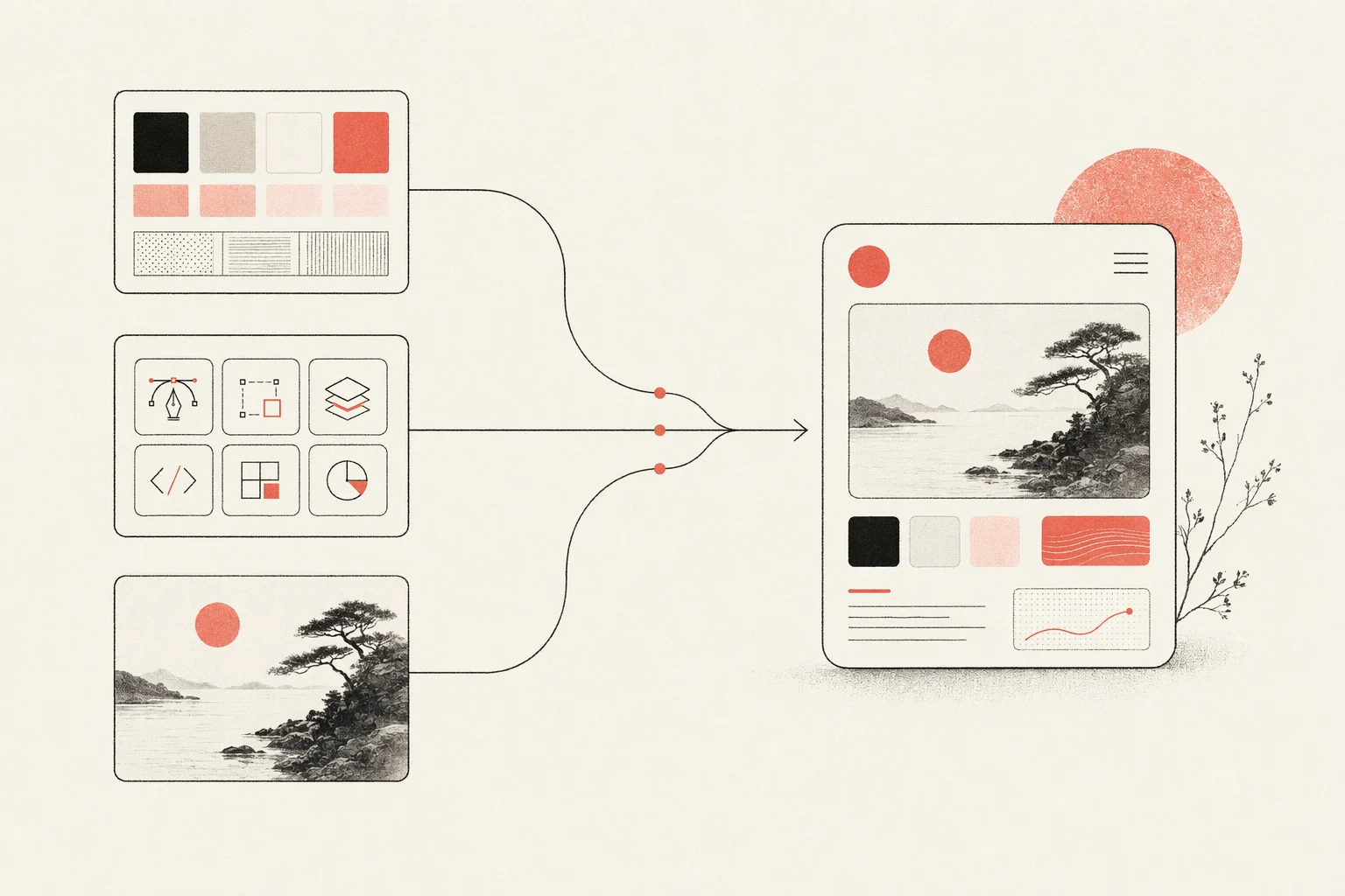 Diagram showing design system, skill, and reference converging into good design output
