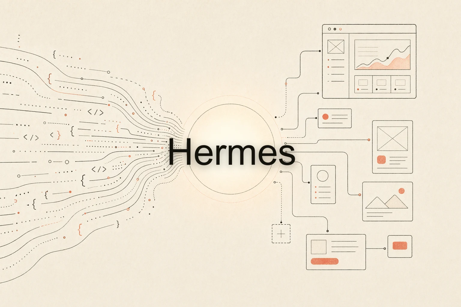 Hermes design feedback loop: an autonomous terminal agent reading a reference image, delegating to subagents, a browser rendering the UI, and a workspace, with a feedback arrow looping back