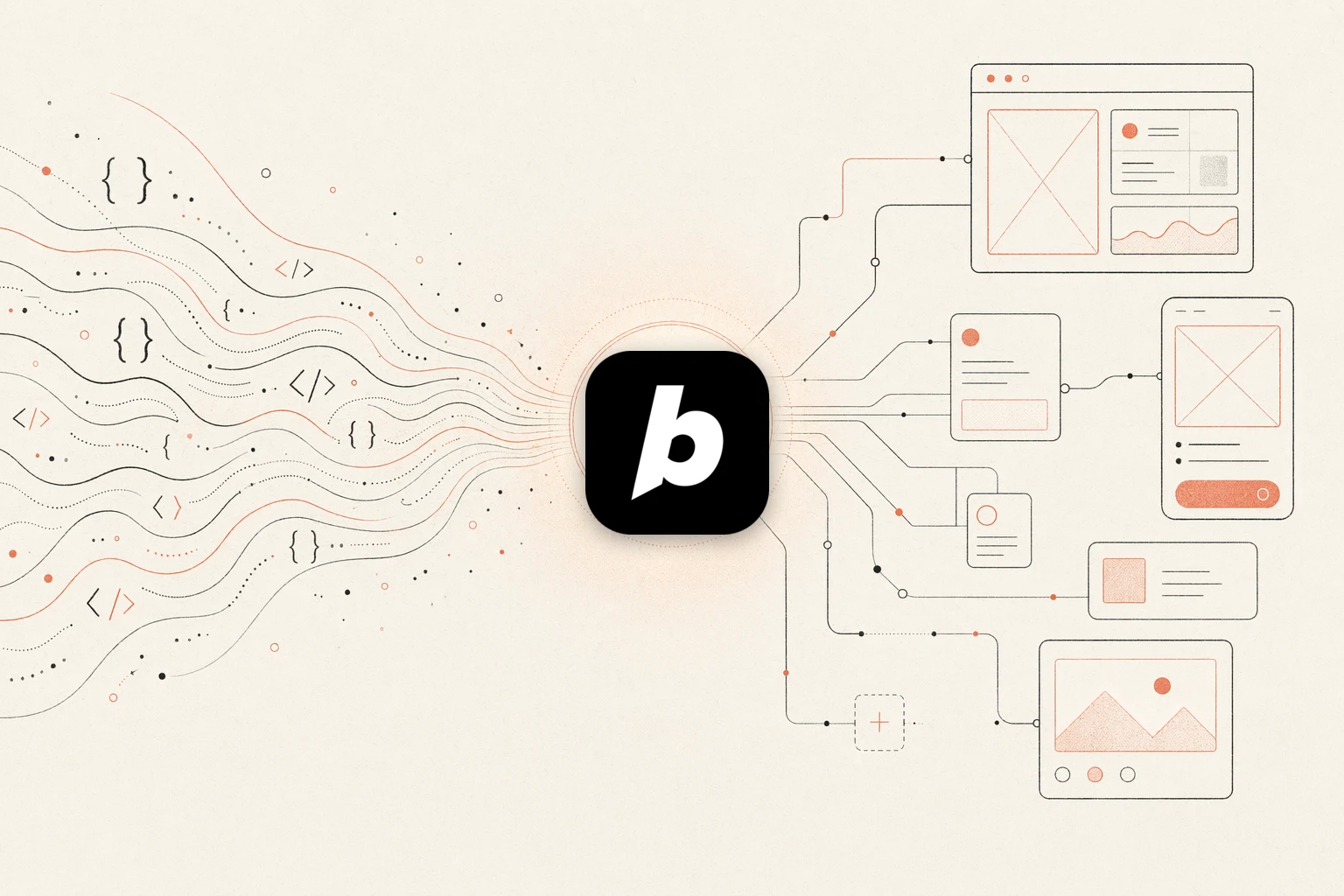 Open Design vs Bolt — warm-paper editorial illustration of code converging into a design hub