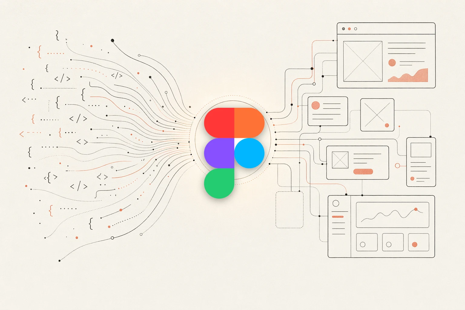 Open Design vs Figma — warm-paper editorial illustration of code converging into a design hub