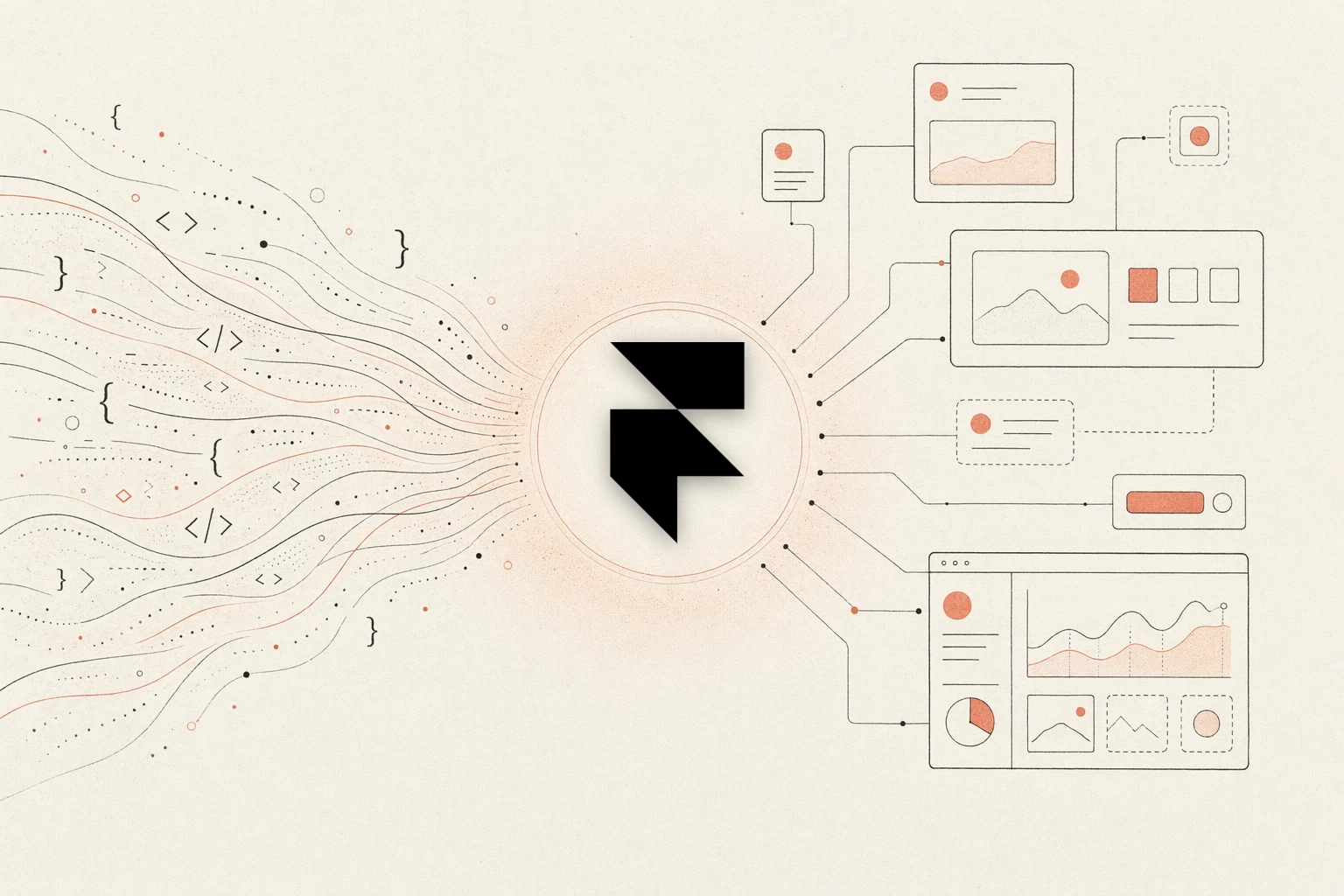 Open Design vs Framer — warm-paper editorial illustration of code converging into a design hub