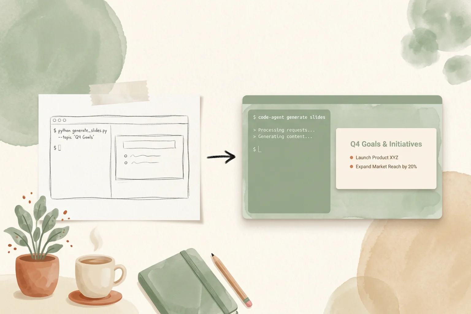 A clean illustration of an image-forward presentation slide held in a green selection frame with a command-line caret, on a near-white dot-grid ground