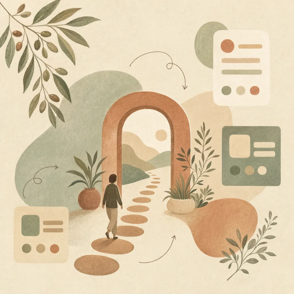 A warm editorial illustration of an open archway with a gentle path of stepping-stone dots leading inward and a small figure stepping in, on a cream paper ground