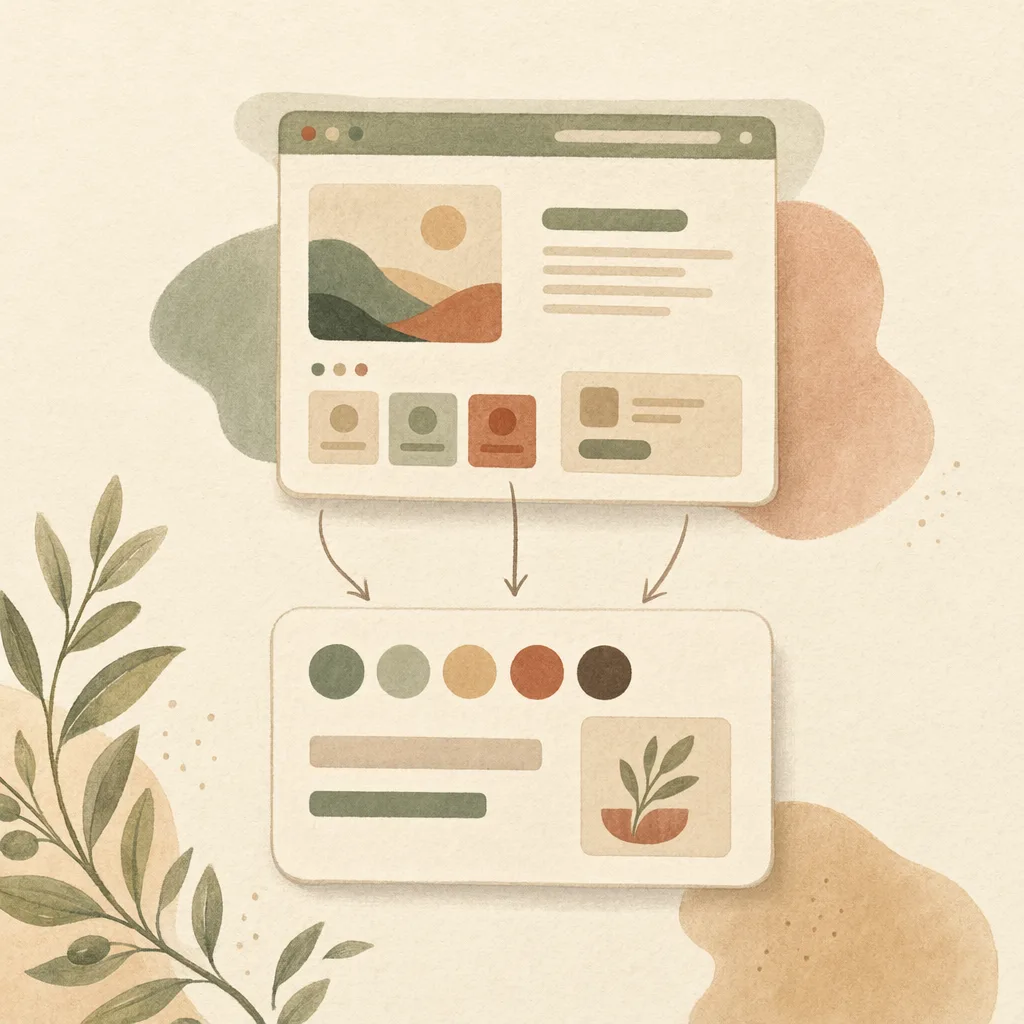 A warm editorial illustration of a website window lifted upward, its colors and type pulled out as swatch dots and sample bars onto one design-system card, on a cream paper ground