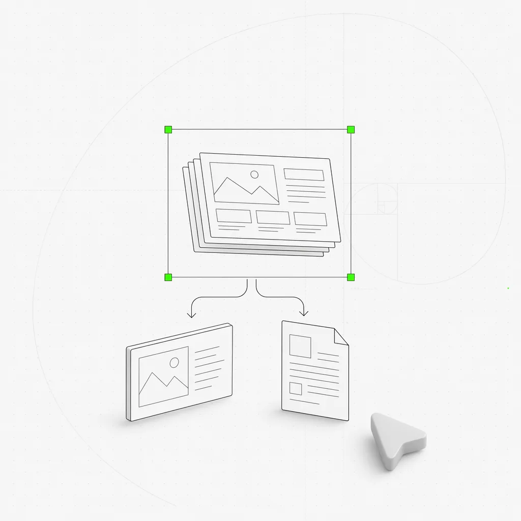 A finished slide deck lifting off the canvas and splitting into a PPTX file and a PDF file, the two output files framed inside a green selection box against a near-white editorial background