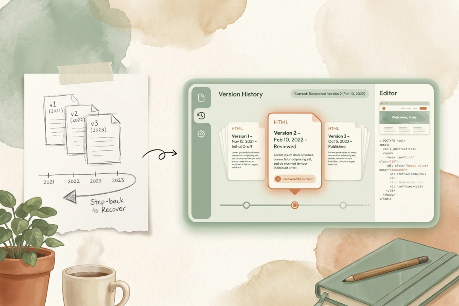 A stack of HTML document versions arranged along a timeline with a step-back arrow returning to an earlier version, the recovered version shown as a calm sage-green interface in a warm editorial illustration