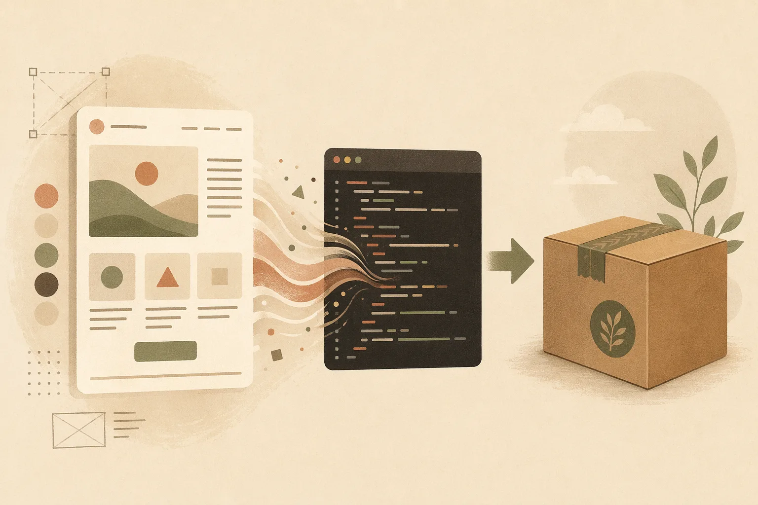 Editorial illustration of a design shipping to production code in Open Design