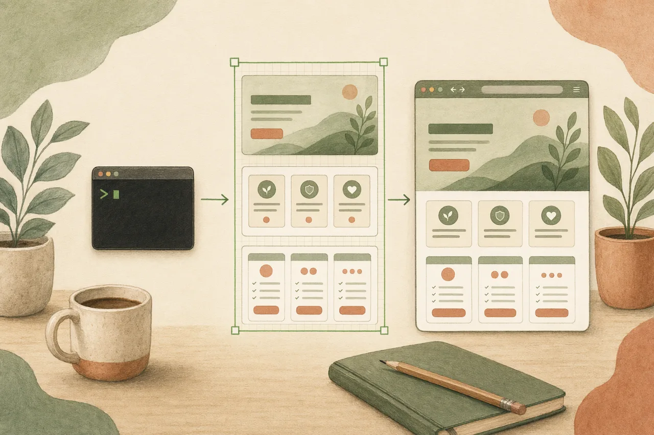 Editorial illustration of a prompt turning into a responsive landing page and then production code, framed by a green selection box