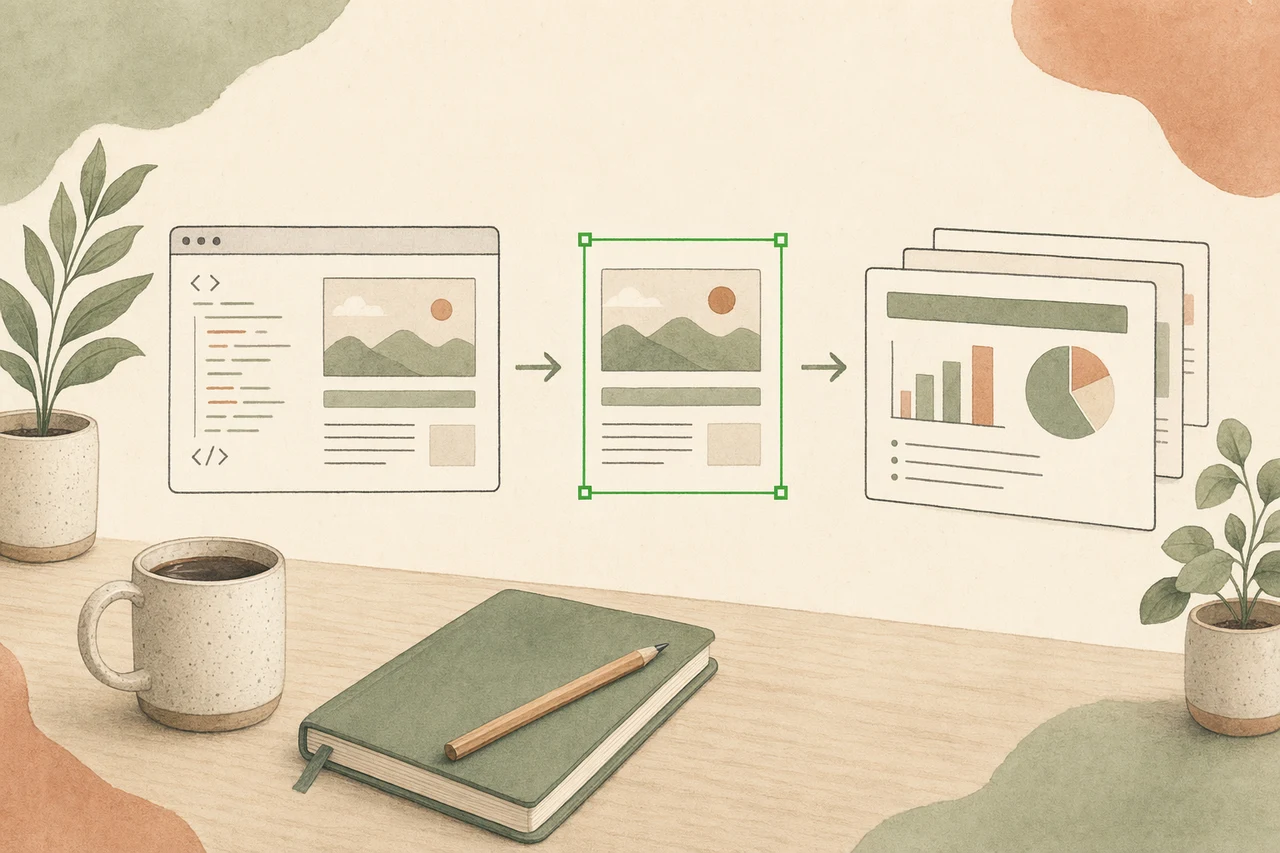 Editorial illustration of an HTML deck converting into an editable PowerPoint file inside a coding agent, framed by a green selection box