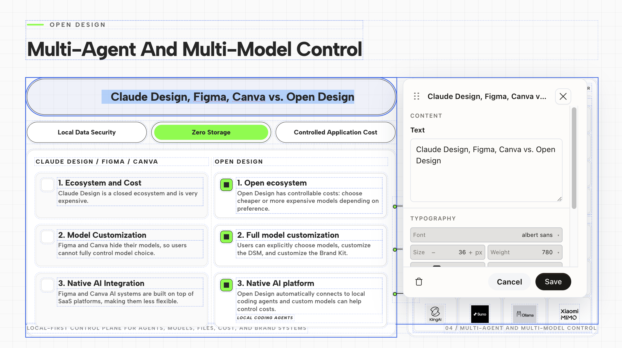 Open Design Edit panel editing selected slide text