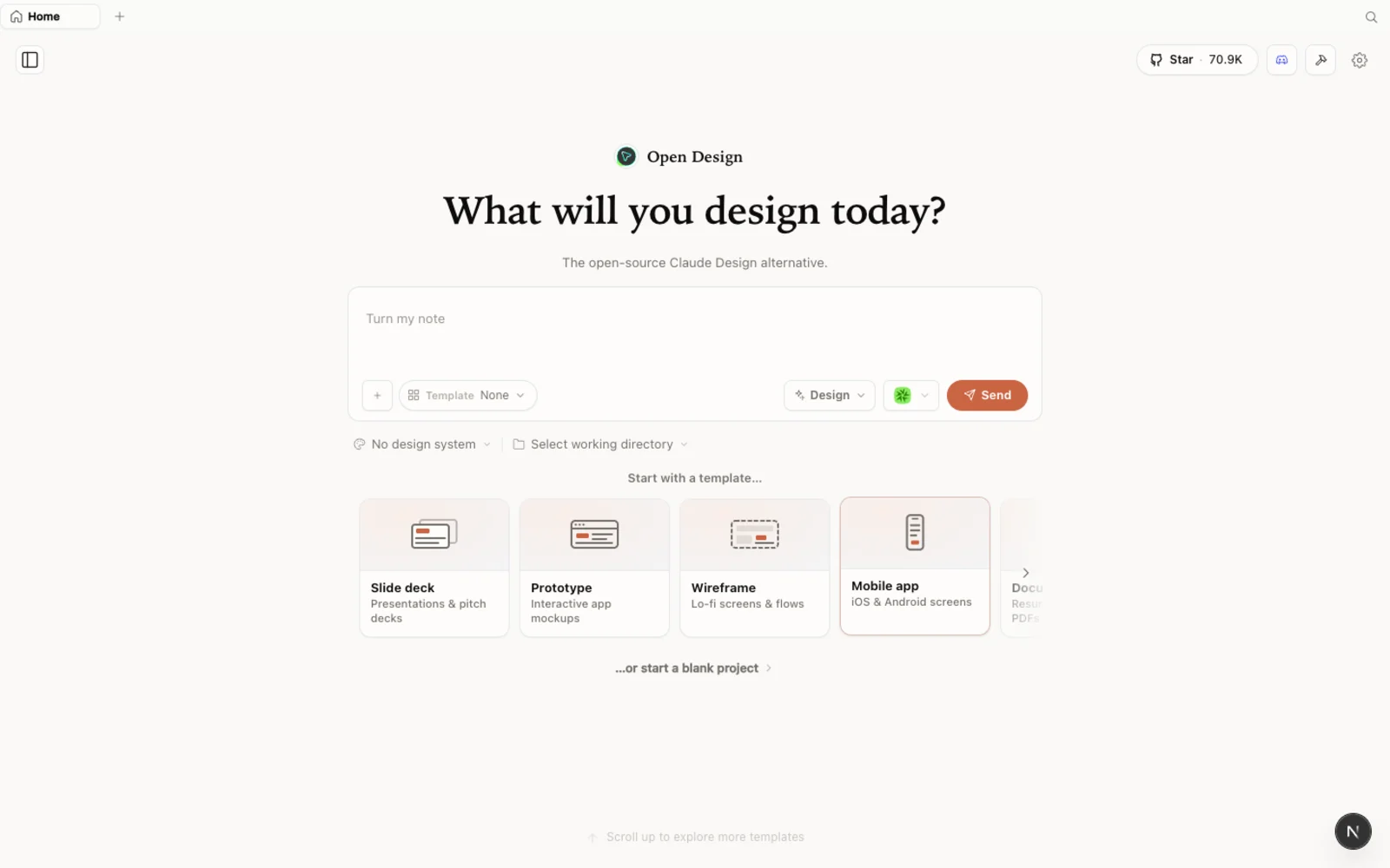 The Open Design workspace running locally.
