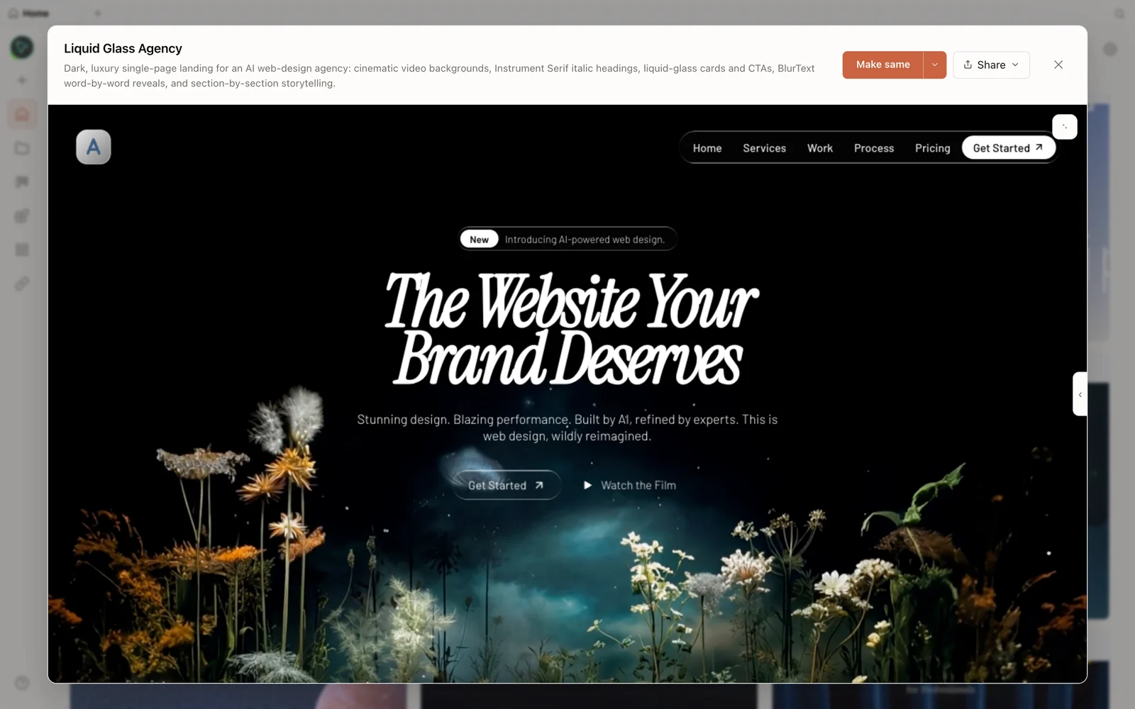 A generated landing page previewed in Open Design.