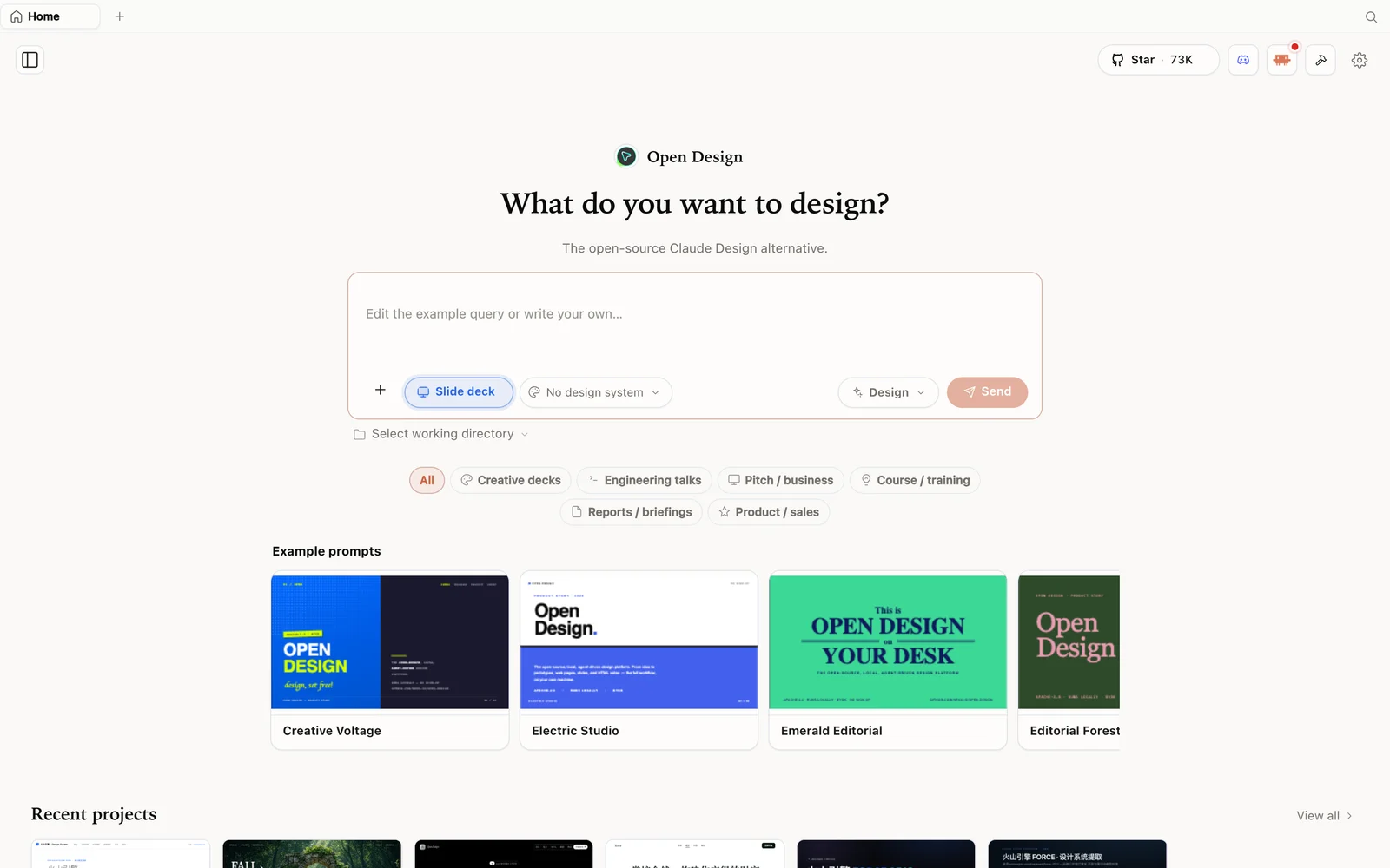 Slide-deck mode in Open Design with example decks.